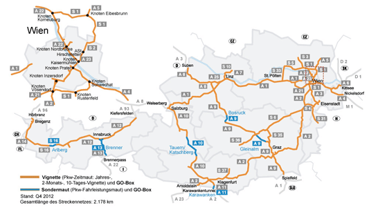 Mapa rakouské sítě dálnic a rychlostních silnic