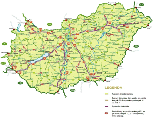 Mapa maďarské sítě dálnic a rychlostních silnic