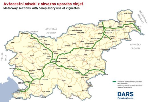 Mapa slovinské sítě dálnic a rychlostních silnic
